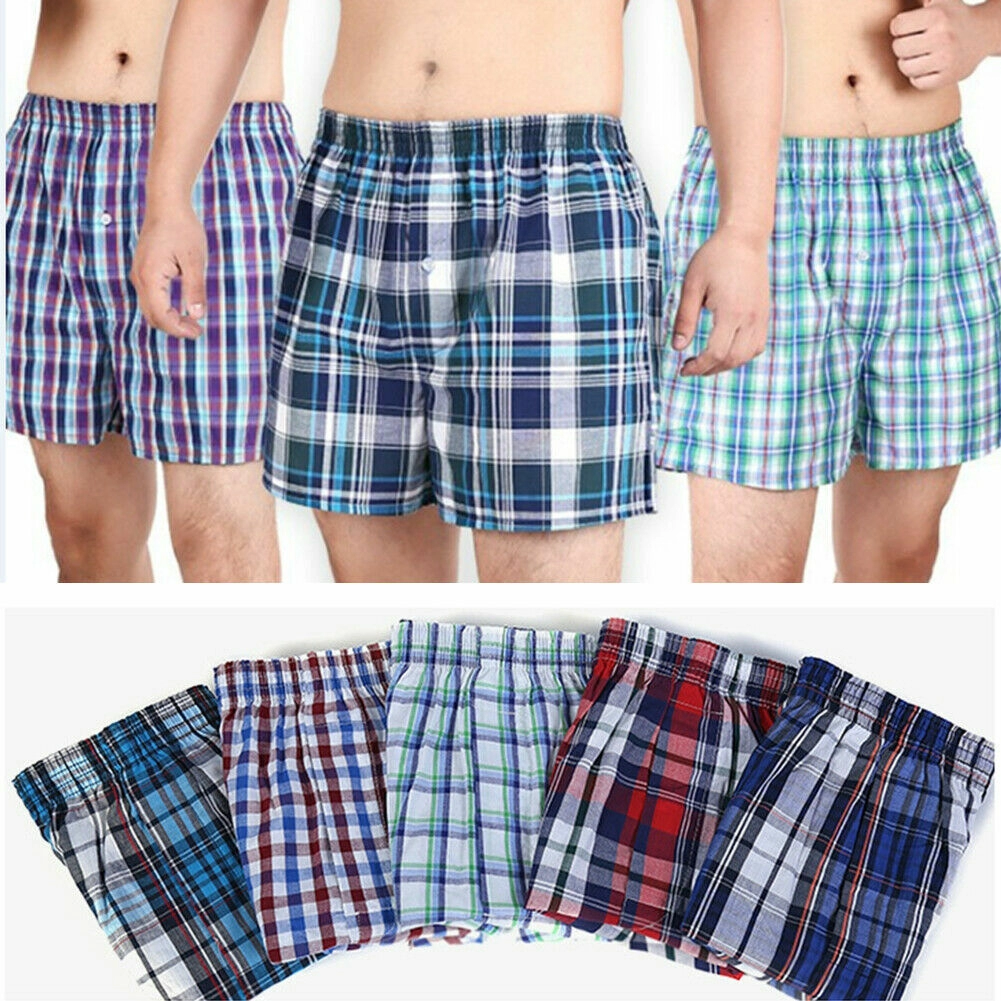 Mens Woven Boxer Shorts Underwear Button Fly